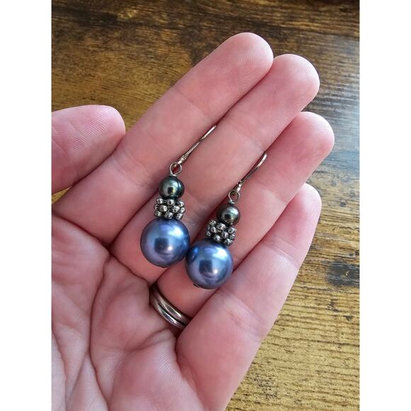 Vintage Y2K Artist Made Drop Earrings Blue Pearlized Stacked - Picture 3 of 3